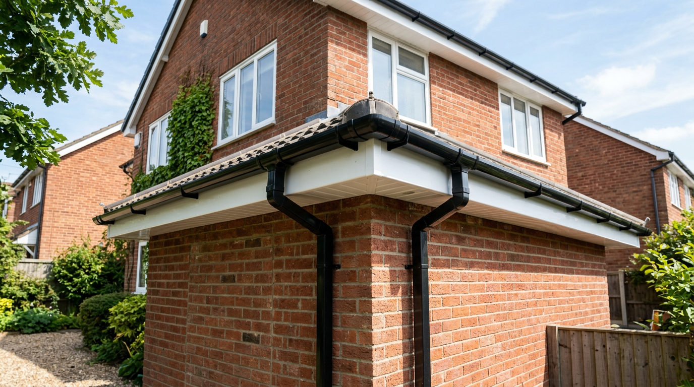 New white fascias, soffits and black guttering on a UK house