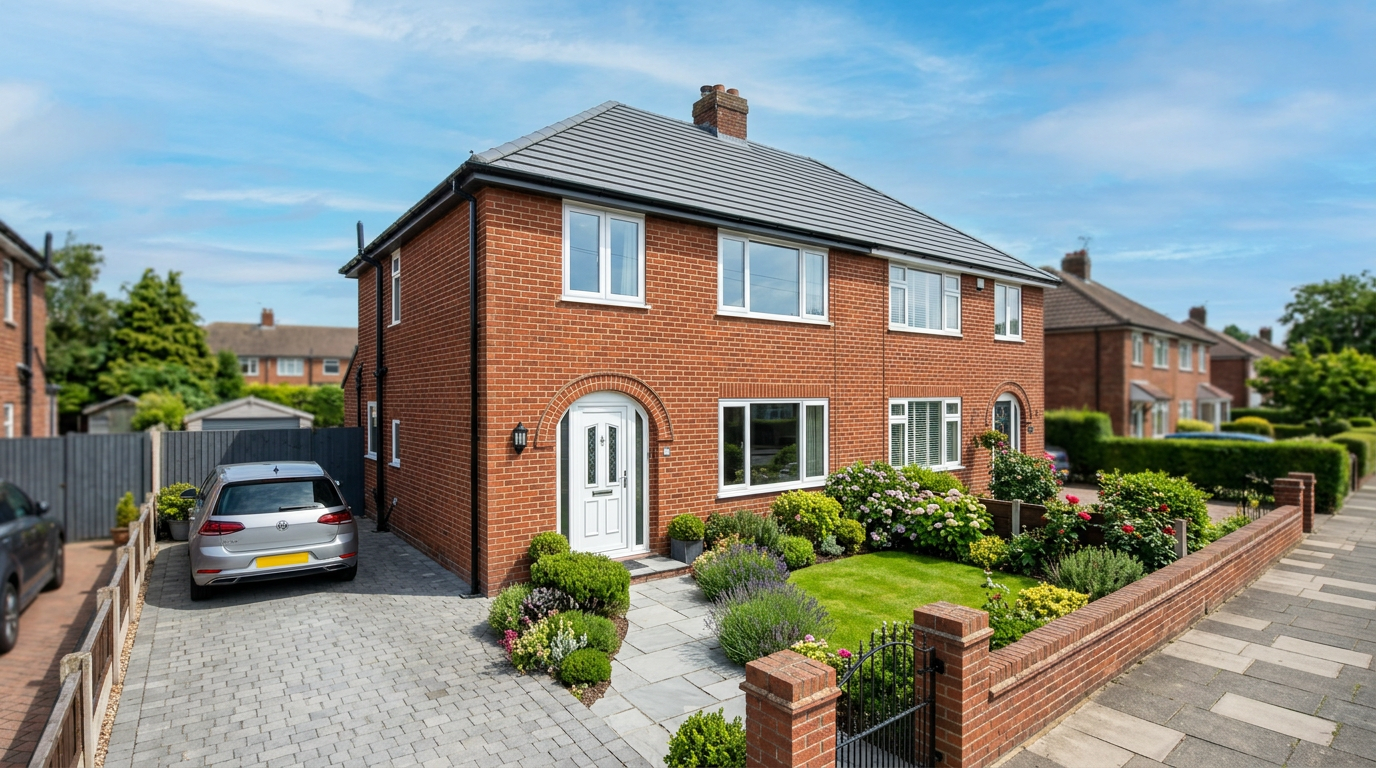 UK semi-detached brick house with a new grey tiled roof